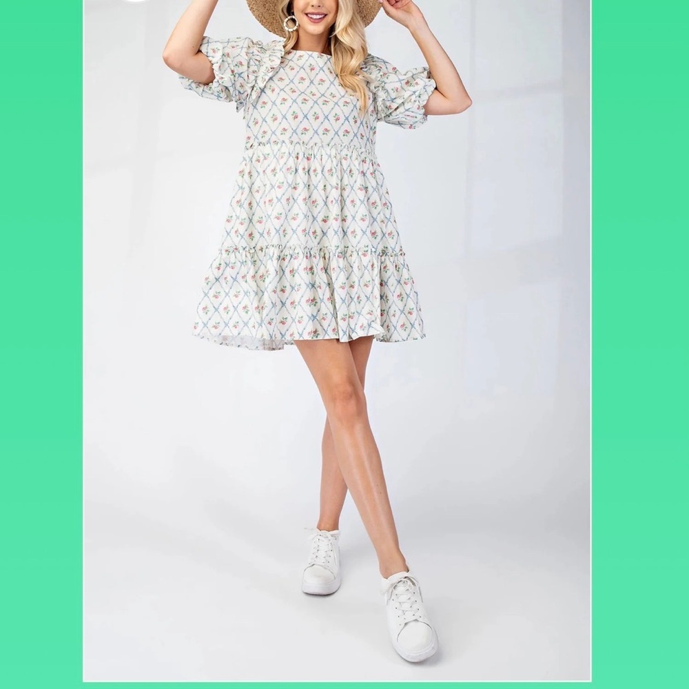 Gigio Round neck mini babydoll Tiered Cottage core puff sleeves trellis Dress Sm - Picture 4 of 10